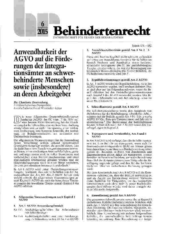 Vorschauseite 1: Anwendbarkeit der AGVO auf die Förde-rungen der Integra-tionsämter an schwer-behinderte Menschen sowie (insbesondere) an deren Arbeitgeber