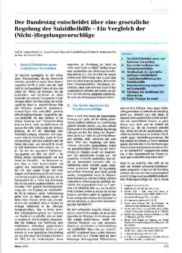 Vorschauseite 1: Der Bundestag entscheidet über eine gesetzliche Regelung der Suizidbeihilfe - Ein Vergleich der (Nicht-)Regelungsvorschläge