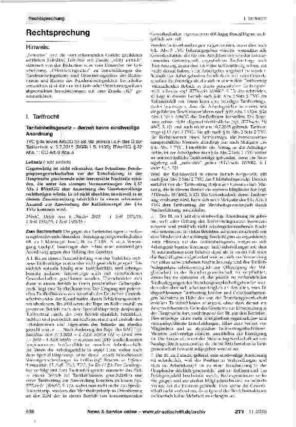 Vorschauseite 1: Tarifeinheitsgesetz - derzeit keine einstweilige Anordnung TVG §4a sowie ArbGG 33 58, 99, jeweils i. d. R des G zur Tarifeinheit v. 3. 7. 2015 (BGBI. I S. 1139); BVerfGG §32 Abs.…