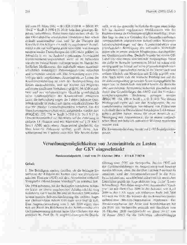 Vorschauseite 1: Verordnungsmöglichkeiten von Arzneimitteln zu Lastender GKV eingeschränktBundessozialgericht, Urteil vom 19. Oktober 2004 - B 1 KR 27/02 R