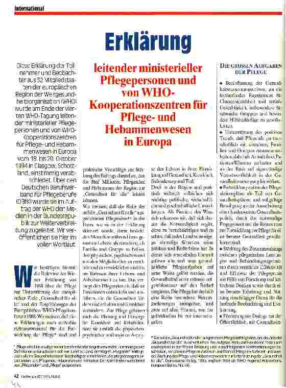 Vorschauseite 1: Erklärung leitender ministerieller Pflegepersonen und von WHO-Kooperationszentren für Pflegeund Hebammenwesen in Europa