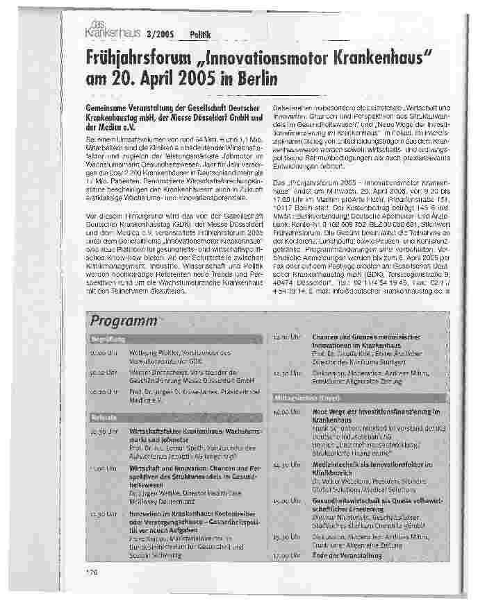 Vorschauseite 1: Frühjahrsforum Innovationsmotor Krankenhaus am 20. April 2005 in Berlin