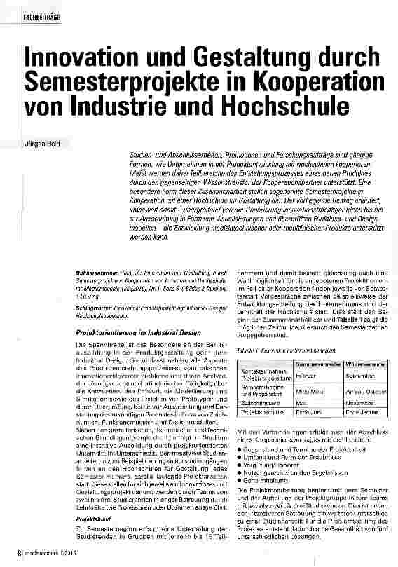 Vorschauseite 1: Innovation und Gestaltung durch Semesterprojekte in Kooperation von Industrie und Hochschule