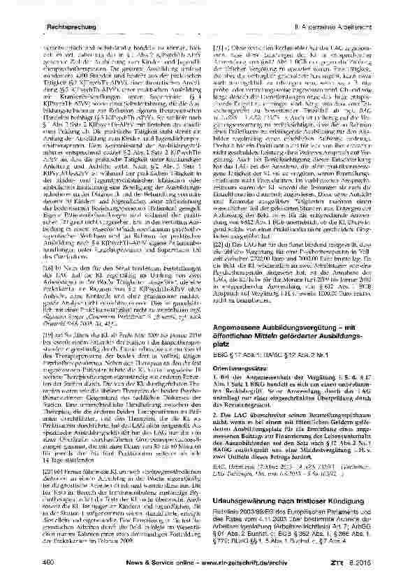 Vorschauseite 1: Angemessene Ausbildungsvergütung - mit öffentlichen Mitteln geförderter Ausbildungs-platzBBiG § 17 Abs. 1; BAföG § 12 Abs. 2 Nr. 1