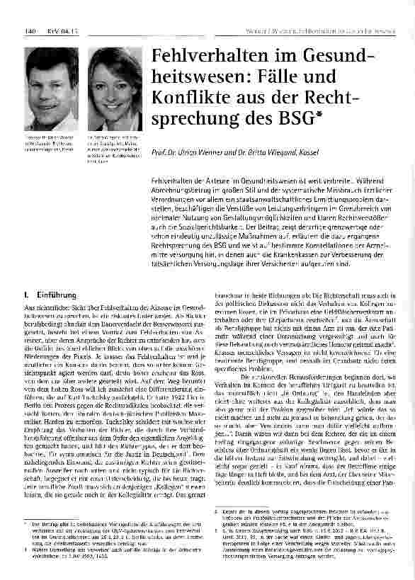 Vorschauseite 1: Fehlverhalten im Gesund heitswesen: Fälle und Konflikte aus der Rechtsprechung des BSG