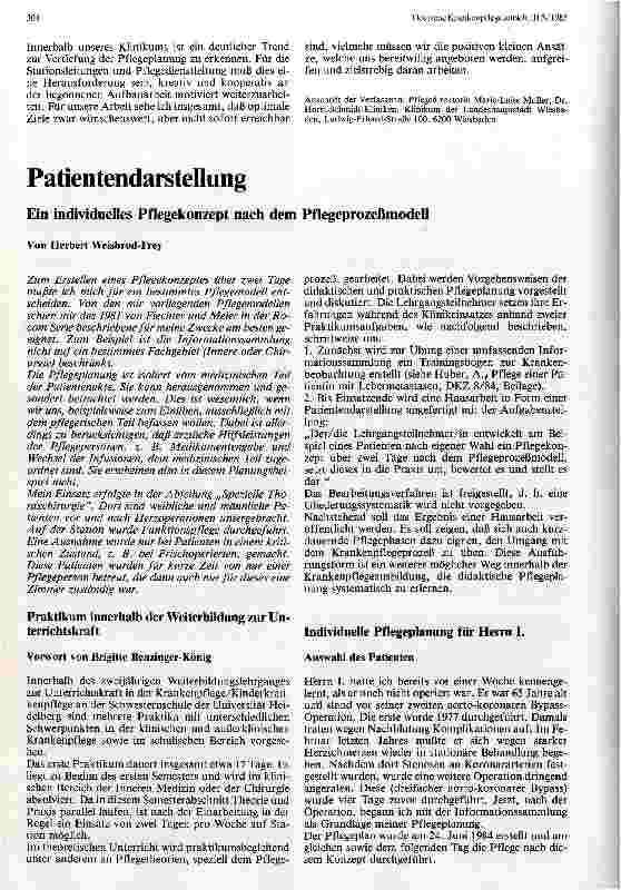 Vorschauseite 1: Patientendarstellung Ein individuelles Pflegekonzept nach dem Pflegeprozeßmodell