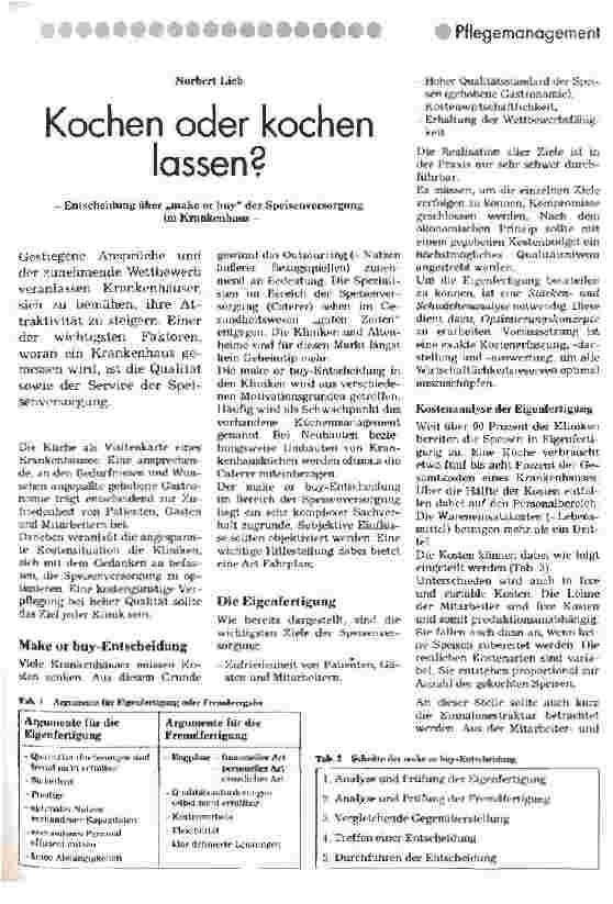 Vorschauseite 1: Kochen oder kochen lassen? Entscheidung über make or buy der Speisenversorgung im Krankenhaus