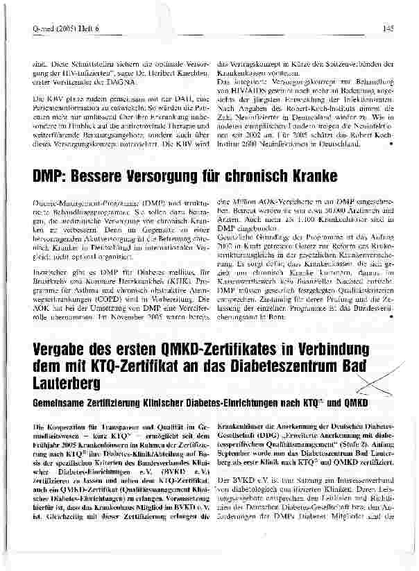 Vorschauseite 1: Vergabe des ersten QMKD-Zertifikates in Verbindung mit dem KTQ-Zertifikat an das Diabeteszentrum Bad Lauterberg