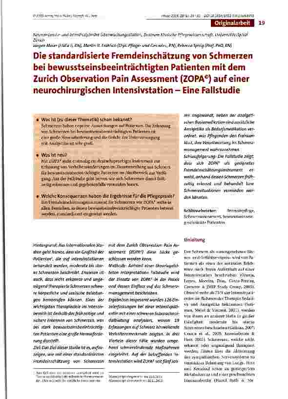 Vorschauseite 1: Die standardisierte Fremdeinschätzung von Schmerzen bei bewusstseinsbeeinträchtigten Patienten mit dem Zürich Observation Pain Assessment (ZOPA®) auf einer neurochirurgischen Inte…