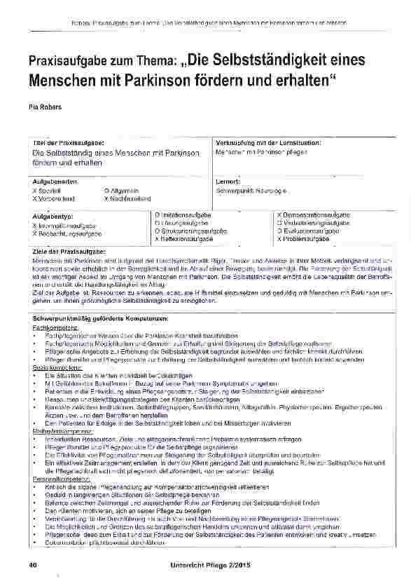 Vorschauseite 1: Praxisaufgabe zum Thema: „Die Selbstständigkeit eines Menschen mit Parkinson fördern und erhalten