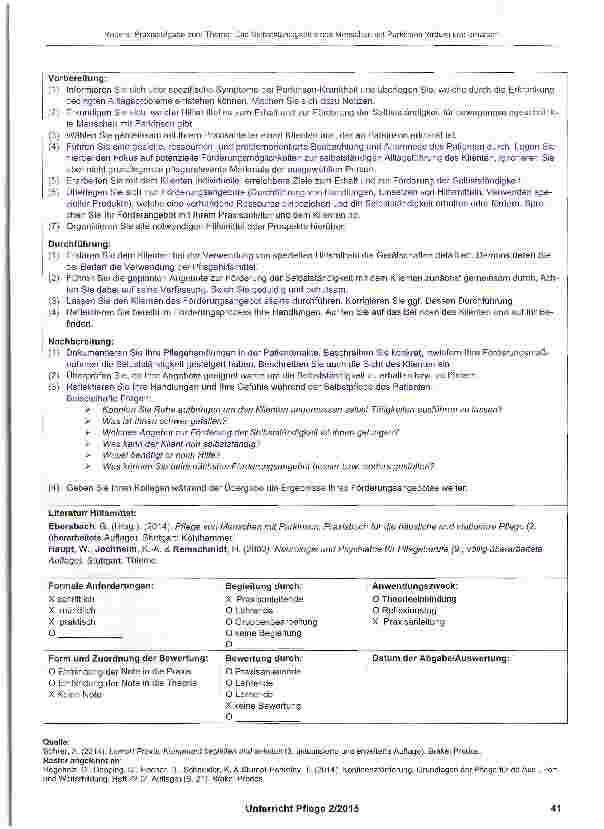 Vorschauseite 2: Praxisaufgabe zum Thema: „Die Selbstständigkeit eines Menschen mit Parkinson fördern und erhalten