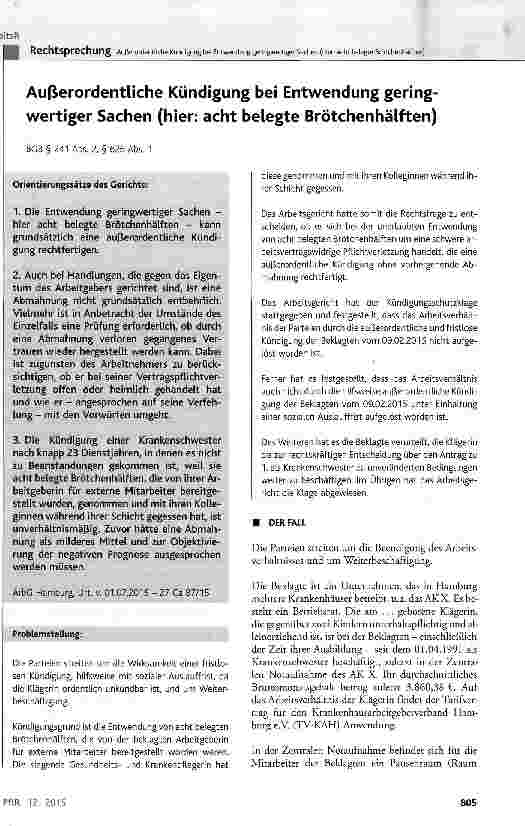 Vorschauseite 1: Außerordentliche Kündigung bei Entwendung geringwertiger Sachen (hier: acht belegte Brötchenhälften) BGB§ 241 Abs. 2, § 626 Abs. 1