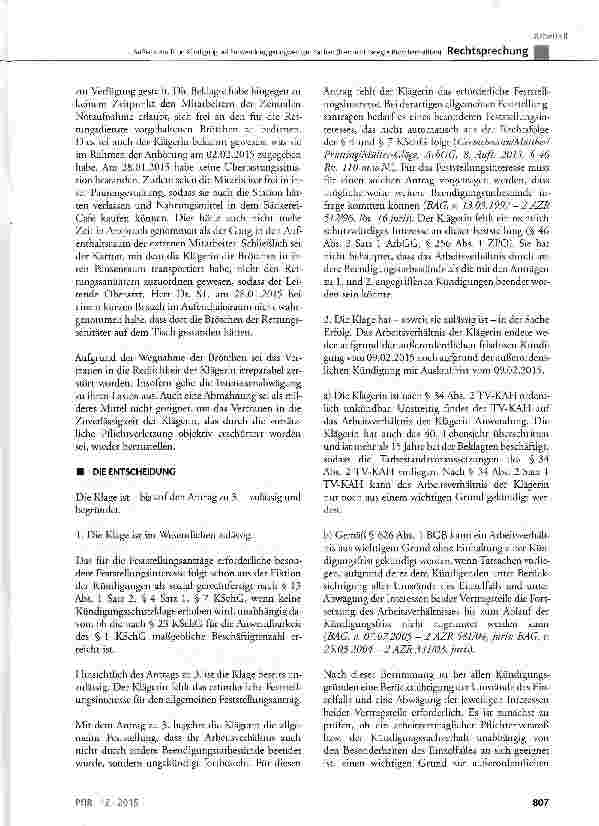 Vorschauseite 3: Außerordentliche Kündigung bei Entwendung geringwertiger Sachen (hier: acht belegte Brötchenhälften) BGB§ 241 Abs. 2, § 626 Abs. 1