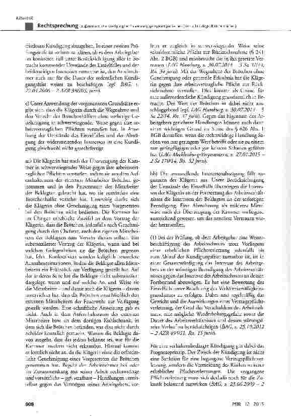 Vorschauseite 4: Außerordentliche Kündigung bei Entwendung geringwertiger Sachen (hier: acht belegte Brötchenhälften) BGB§ 241 Abs. 2, § 626 Abs. 1