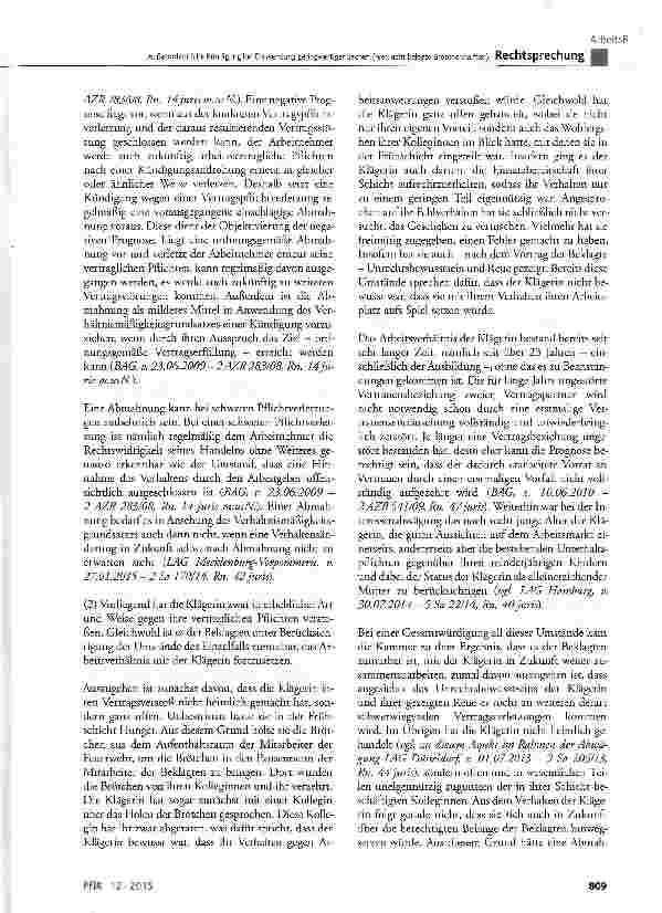 Vorschauseite 5: Außerordentliche Kündigung bei Entwendung geringwertiger Sachen (hier: acht belegte Brötchenhälften) BGB§ 241 Abs. 2, § 626 Abs. 1
