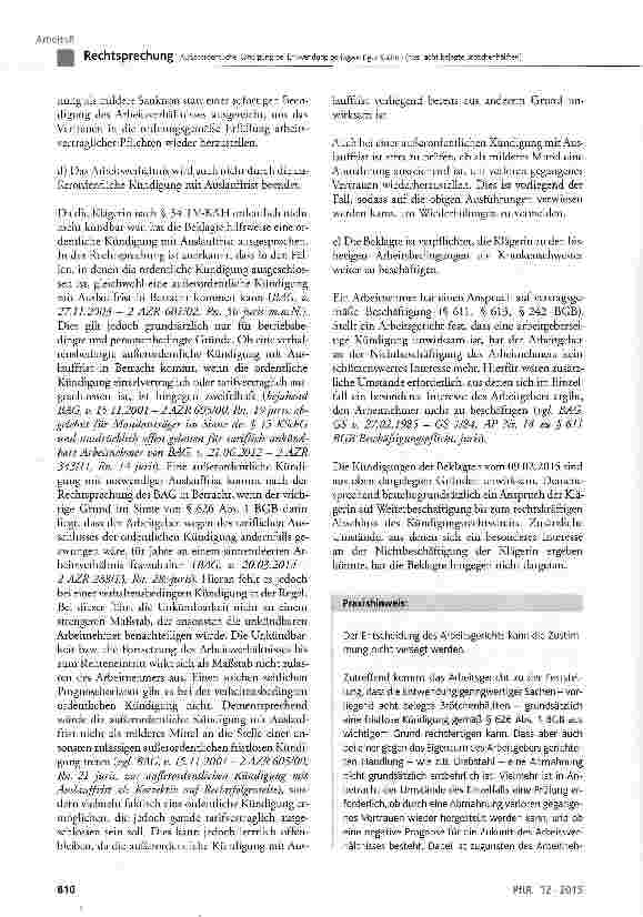 Vorschauseite 6: Außerordentliche Kündigung bei Entwendung geringwertiger Sachen (hier: acht belegte Brötchenhälften) BGB§ 241 Abs. 2, § 626 Abs. 1