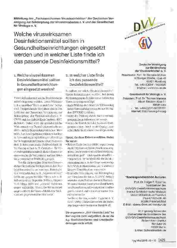 Vorschauseite 1: Welche viruswirksamen Desinfektionsmittel sollten in Gesundheitseinrichtungen eingesetzt werden und in welcher Liste finde ich das passende Desinfektionsmittel?