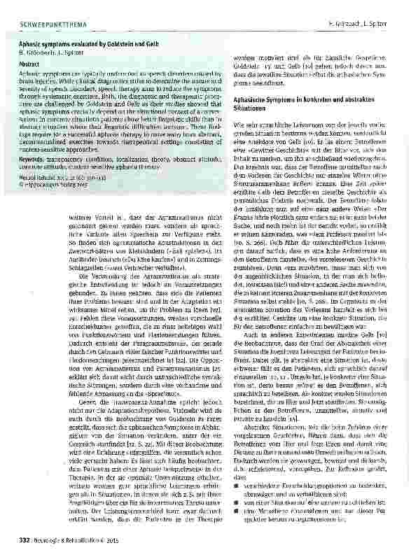 Vorschauseite 3: Was bedeuten aphasische Symptome? Die Position von Goldstein und Gelb