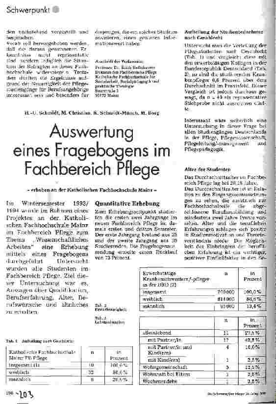 Vorschauseite 1: Auswertung eines Fragebogens im Fachbereich Pflege erhoben an der Katholischen Fachhochschule in Mainz