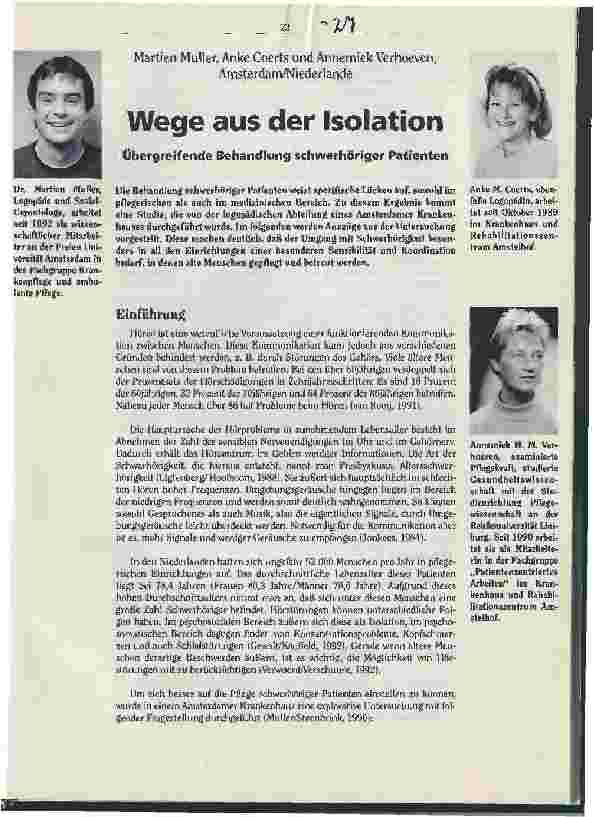 Vorschauseite 1: Wege aus der Isolation Übergreifende Behandlung schwerhöriger Patienten