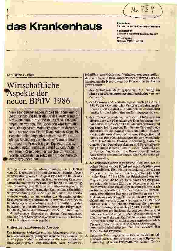Vorschauseite 1: Wirtschaftliche Aspekte der neuen BPFLV 1986