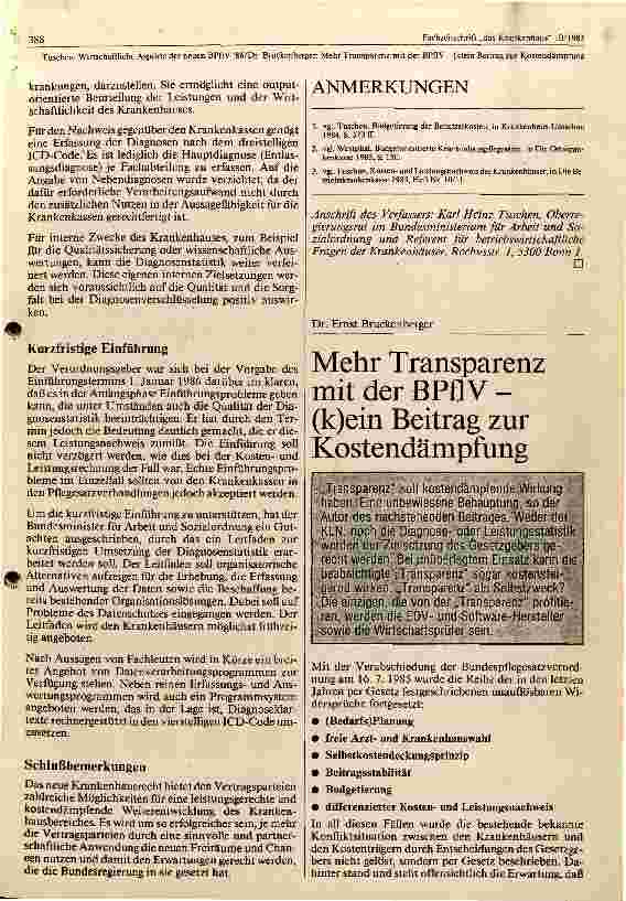 Vorschauseite 6: Wirtschaftliche Aspekte der neuen BPFLV 1986