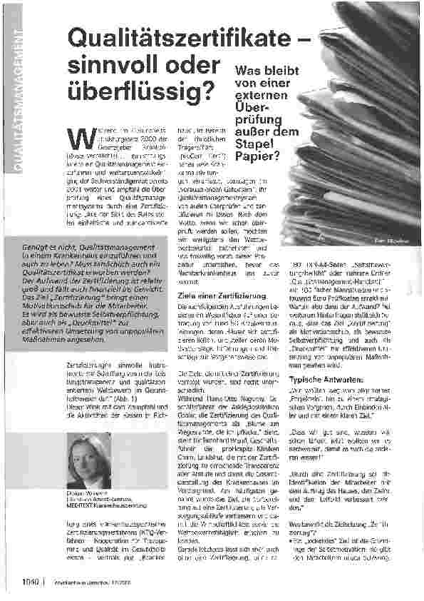 Vorschauseite 1: Qualitätszertifikate - sinnvoll oder überflüssig? Was bleibt von einer externen Überprüfung außer dem Stapel Papier?