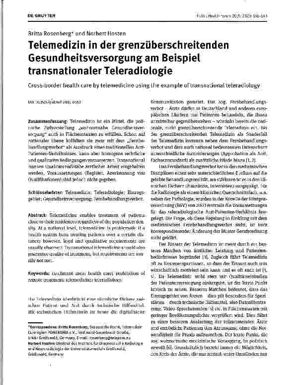Vorschauseite 1: Telemedizin in der grenzüberschreitenden Gesundheitsversorgung am Beispiel transnationaler Teleradiologie