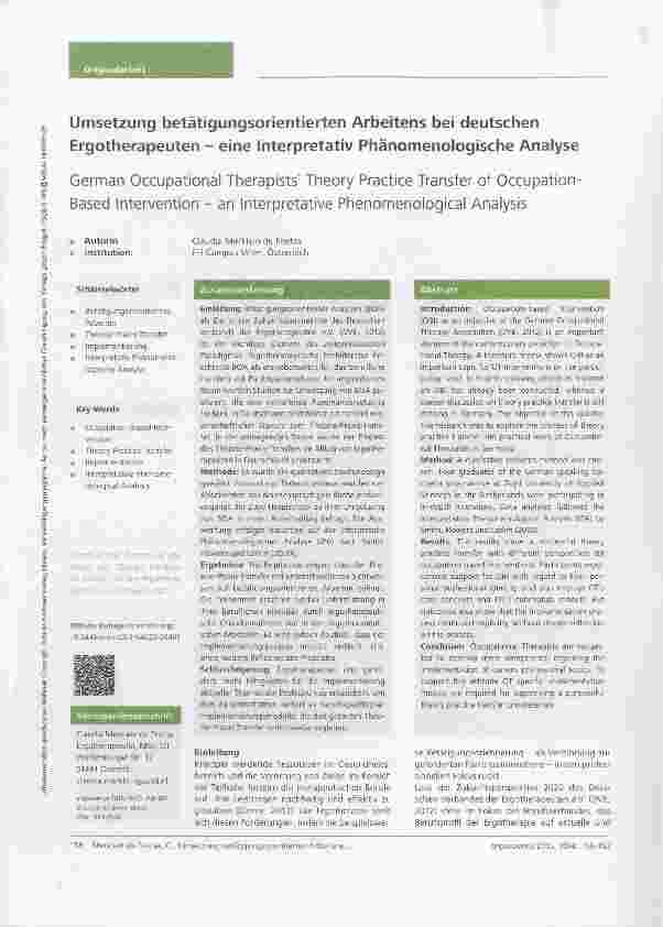 Vorschauseite 1: Umsetzung betätigungsorientierten Arbeitens bei deutschen Ergotherapeuten eine Interpretativ Phänomenologische Analyse