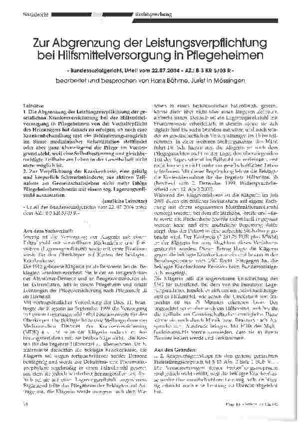 Vorschauseite 1: Zur Abgrenzung der Leistungsverpflichtung bei Hilfsmittelversorgung in Pflegeheimen- Bundessozialgericht, Urteil vom 22.07.2004 - AZ.: B 3 KR 5/03 R -