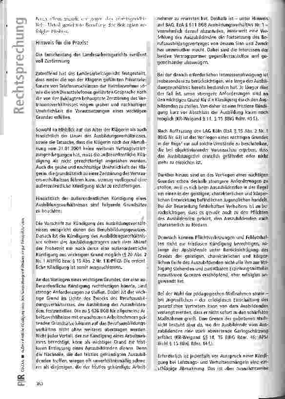 Vorschauseite 4: Außerordentliche Kündigung eines Berufsausbildungsverhältnisse wegen Privattelefonaten