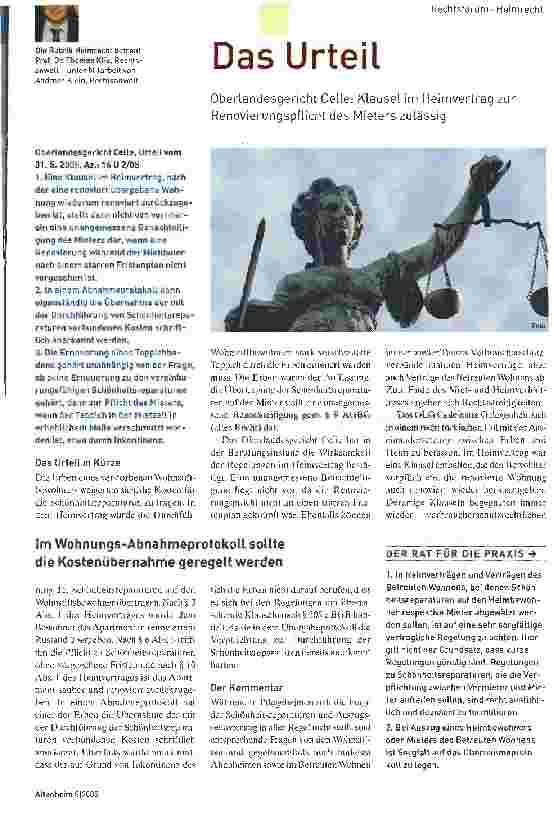 Vorschauseite 1: Das Urteil : Rechtsforum Heimrecht Oberlandesgericht CeUe: Klausel im Heimvertrag zur Renovierungspflicht des Mieters zulässig