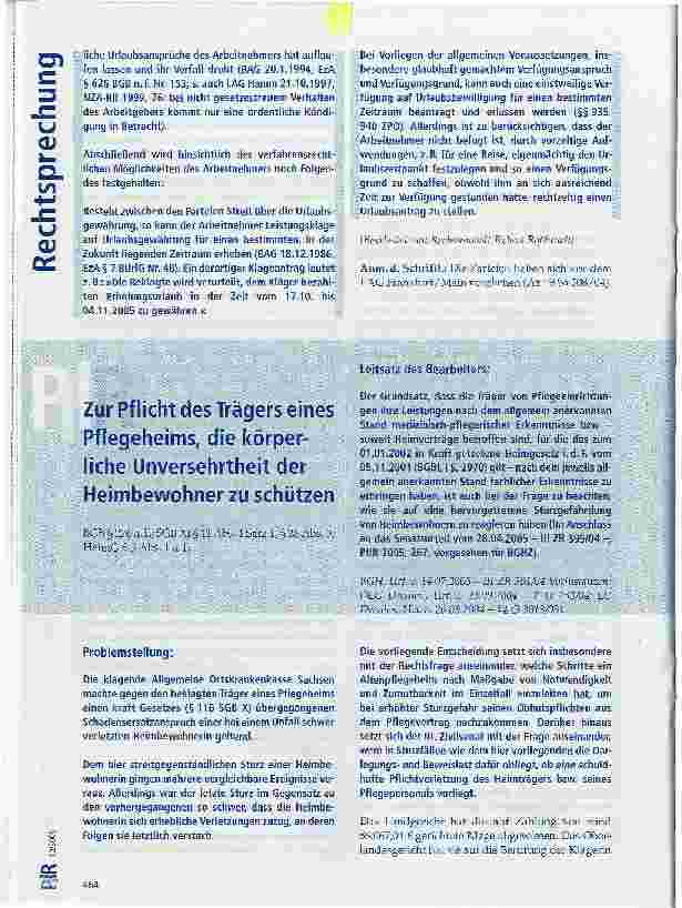 Vorschauseite 1: Zur Pflicht des Trägers eines Pflegeheims, die körperliche Unversehrtheit der Heimbewohner zu schützen