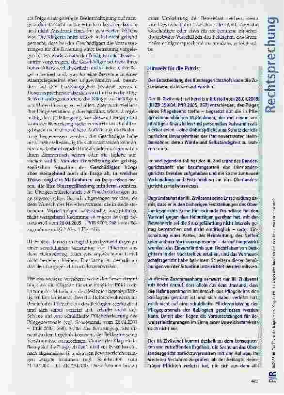 Vorschauseite 4: Zur Pflicht des Trägers eines Pflegeheims, die körperliche Unversehrtheit der Heimbewohner zu schützen
