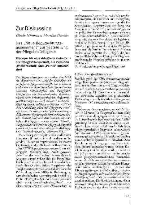 Vorschauseite 1: Das „Neue Begutachtungsassessment zur Feststellung der Pflegebedürftigkeit: Plädoyer für eine dringliche Debatte in der Pflegewissenschaft, die zwischen „Wissenschaft und „Politik…
