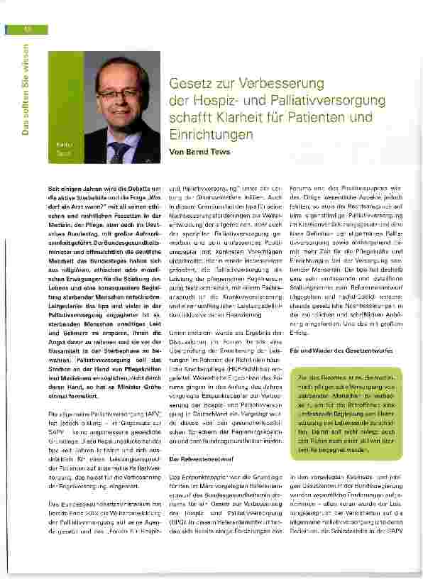 Vorschauseite 1: Gesetz zur Verbesserung der Hospizund Palliativversorgung schafft Klarheit für Patienten und Einrichtungen