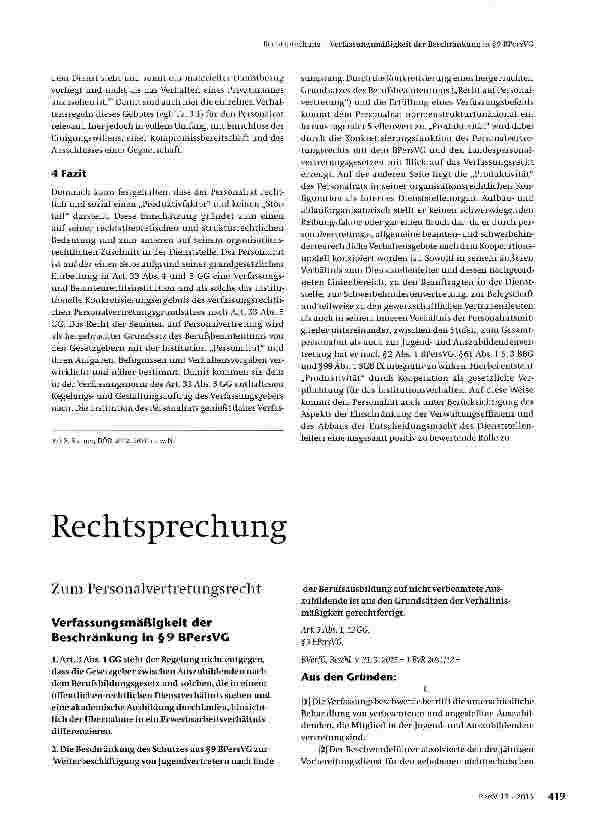 Vorschauseite 1: Verfassungsmäßigkeit der Beschränkung in §9 BPersVG