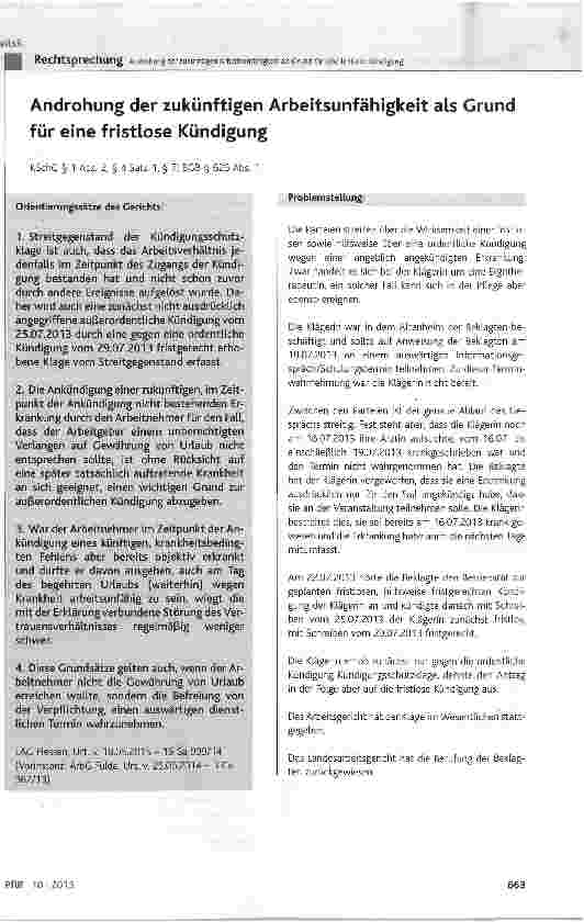 Vorschauseite 1: Androhung der zukünftigen Arbeitsunfähigkeit als Grund für eine fristlose KündigungKSchG § 1 Abs. 2, § 4 Satz 1, § 7; BGB § 626 Abs. 1