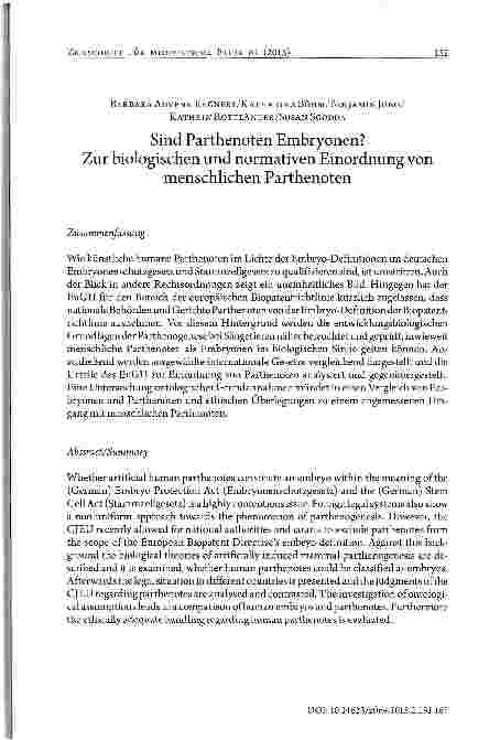 Vorschauseite 1: Sind Parthenoten Embryonen? Zur biologischen und normativen Einordnung von menschlichen Parthenoten