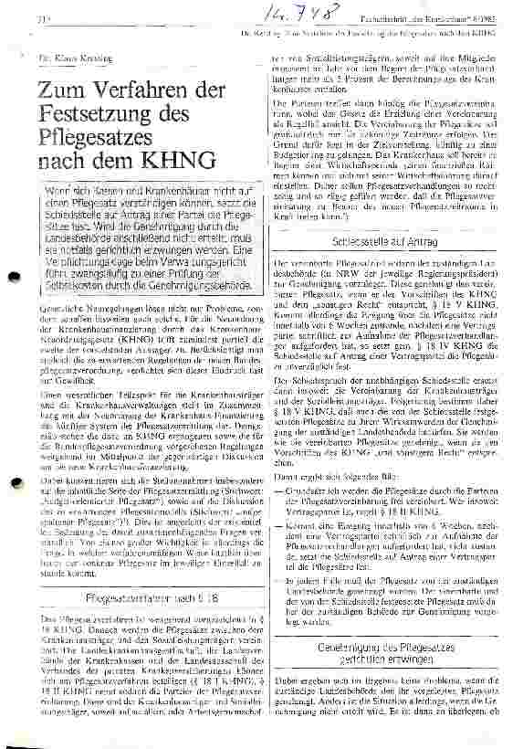 Vorschauseite 1: Zum Verfahren der Festsetzung des Pflegesatzes nach dem KHNG