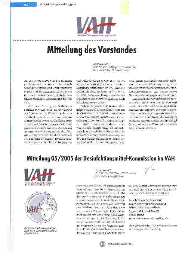 Vorschauseite 1: Mitteilung 05/2005 der Desinfektionsmittel-Kommission im VAH