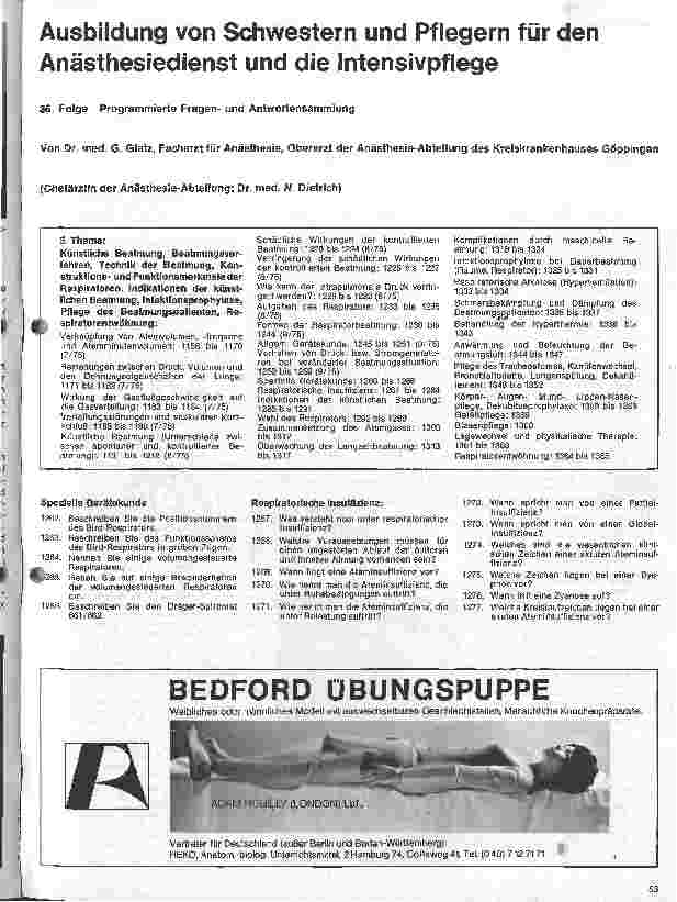 Vorschauseite 1: Ausbildung von Schwestern und Pflegern für den Anästhesiedienst und die Intensivpflege. 36. Folge: Programmierte Fragen und Antworten
