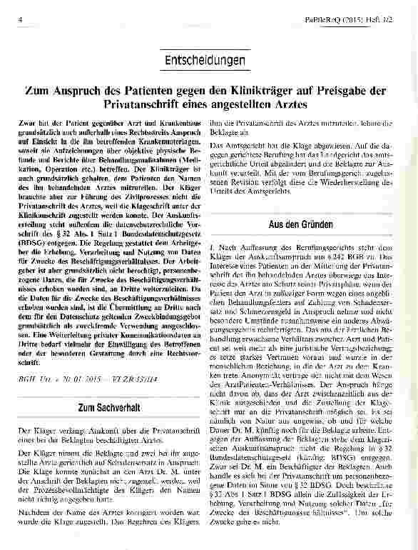 Vorschauseite 1: Zum Anspruch des Patienten gegen den Klinikträger auf Preisgabe derPrivatanschrift eines angestellten Arztes