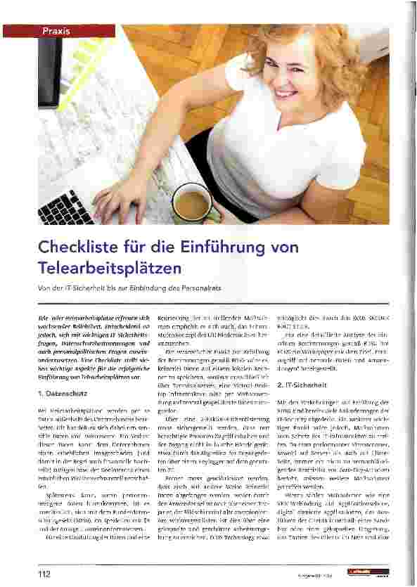 Vorschauseite 1: Checkliste für die Einführung von Telearbeitsplätzen
