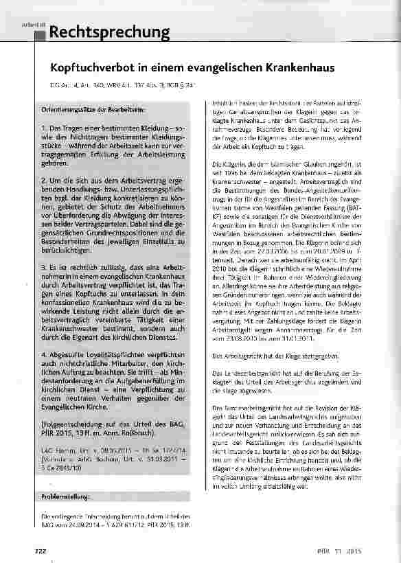Vorschauseite 1: Kopftuchverbot in einem evangelischen Krankenhaus GG Art. 4, Art. 140; WRVArt. 137 Abs. 3; BGB § 241