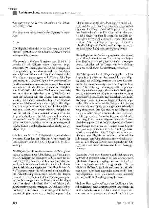 Vorschauseite 5: Kopftuchverbot in einem evangelischen Krankenhaus GG Art. 4, Art. 140; WRVArt. 137 Abs. 3; BGB § 241