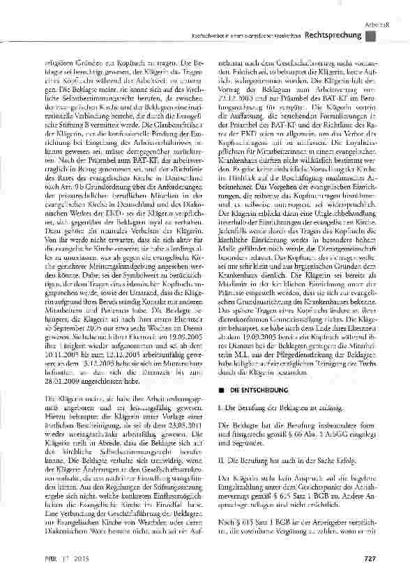 Vorschauseite 6: Kopftuchverbot in einem evangelischen Krankenhaus GG Art. 4, Art. 140; WRVArt. 137 Abs. 3; BGB § 241