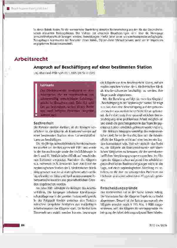 Vorschauseite 1: Anspruch auf Beschäftigung auf einer bestimmten StationLAG Rheinland-Pfalz vom 12.1.2005 (10 Sa 612/04)
