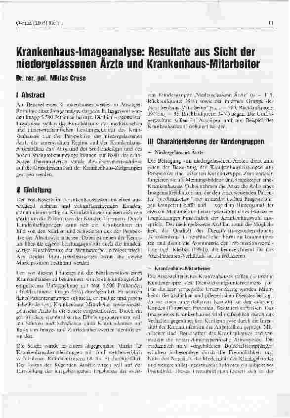 Vorschauseite 1: Krankenhaus-Imageanalyse: Resultate aus Sicht der niedergelassenen Ärzte und Krankenhaus-Mitarbeiter
