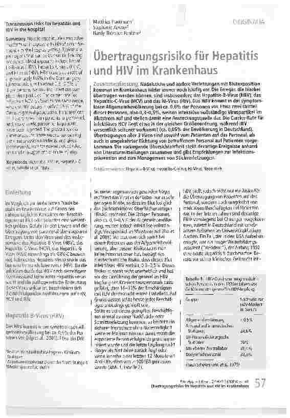 Vorschauseite 1: Übertragungsrisiko für Hepatitis und HIV im Krankenhaus